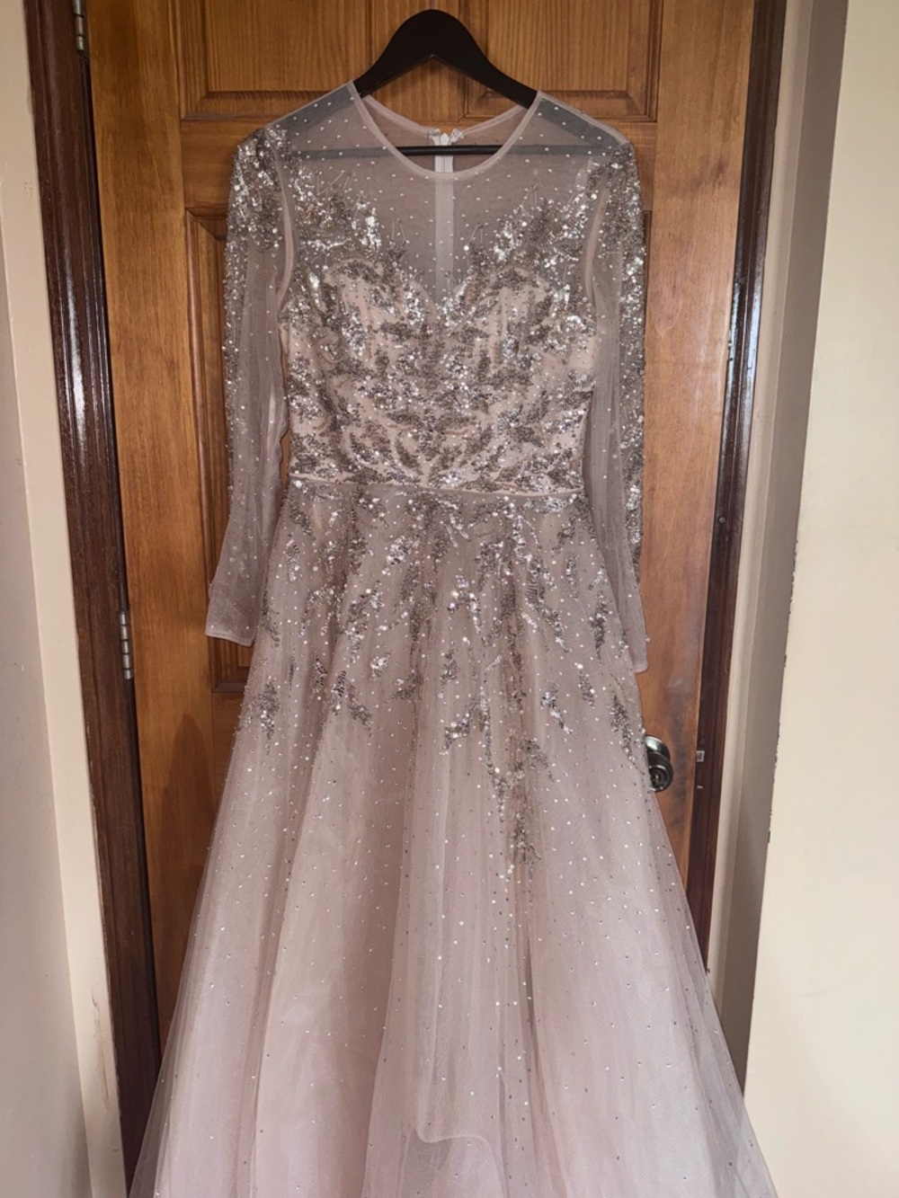 Embellished Long Sleeve Ballgown in Champagne